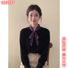 批发新中式女装黑色撞色<b class='q'>波点</b>飘带领丝绒旗袍上衣25冬显瘦气质国风小衫