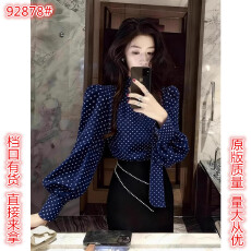 批发藏蓝色<b class='q'>波点</b><b class='q'>衬衫</b>女轻奢高级感春季穿搭复古法式独特漂亮<b class='q'>雪纺</b>小上衣