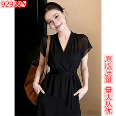 批发黑色V领收腰绑带上衣<b class='q'>女装</b>夏季短袖显瘦通勤风优雅设计感百搭显瘦