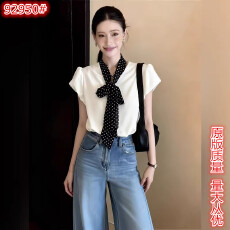 批发法式系带领泡泡袖<b class='q'>衬衫</b>2026夏季短袖复古<b class='q'>波点</b>飘带气质简约减龄上衣
