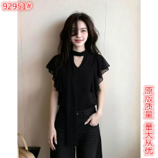 批发优雅风黑色V领小飞袖飘带衬衫女2026夏季新款<b class='q'>轻熟</b>设计感减龄上衣