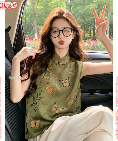 새로운 중식 국풍 맨위 여성 고급 올리브 그린 나비 프린트 단추 민소매 맨위 당나라 개선 한푸 여름