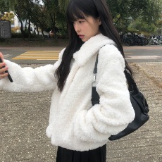 批发东大门爆款娃娃领纯色羊羔毛绒棉服外套