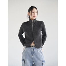 批发东大门小众立领个性双拉链头显瘦打底外套衫