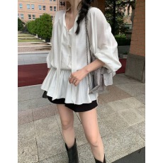 批发东大门时尚小众经典纯色chic风宽松系带衬衫