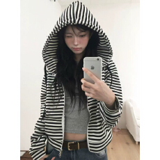 批发东大门复古条纹双拉链连帽卫衣外套