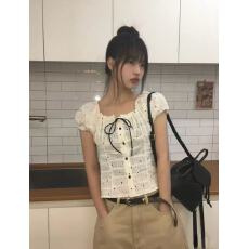 批发韩系减龄波点系带泡泡短袖衬衫