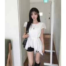 批发东大门新款简约<b class='q'>不规则</b>收腰显瘦圆领雪纺衫