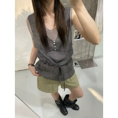 批发东大门宽松波点百搭显瘦抽绳小衫假两件背心衫