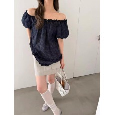 批发东大门夏季新款甜美一字领格纹亚麻宽松两穿衬衫