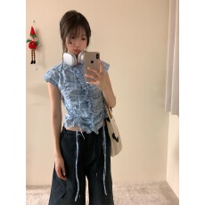 批发日系甜美木耳边格子抽绳显瘦衬衫