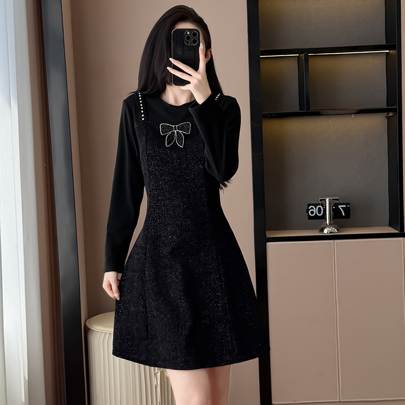 MY70344# 大码女装新款赫本风亮丝连衣裙假两件中长款收腰显瘦女女裝貨...