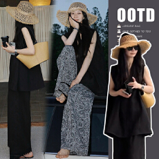 批发孕妇简约高级感遮肉宽肩上衣＋碎花<b class='q'>裤</b>子纯色<b class='q'>裤</b>子套装