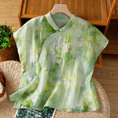 批发实拍  新中式上衣天丝麻花色<b class='q'>衬衫</b>中国风禅意女装妈妈夏装盘扣<b class='q'>T</b><b class='q'>恤</b>