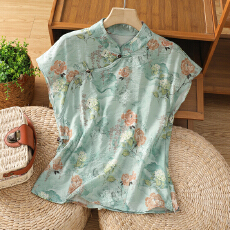 批发实拍  新中式国风印花盘扣衬衫<b class='q'>夏季</b>短袖<b class='q'>旗袍</b>衬衣薄款上衣