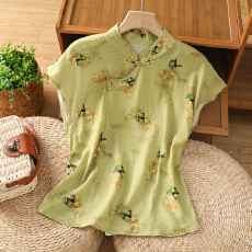 批发实拍  新中式绿色碎花坎肩衬衫<b class='q'>夏季</b>日常<b class='q'>旗袍</b>领小衫高级感盘扣上衣