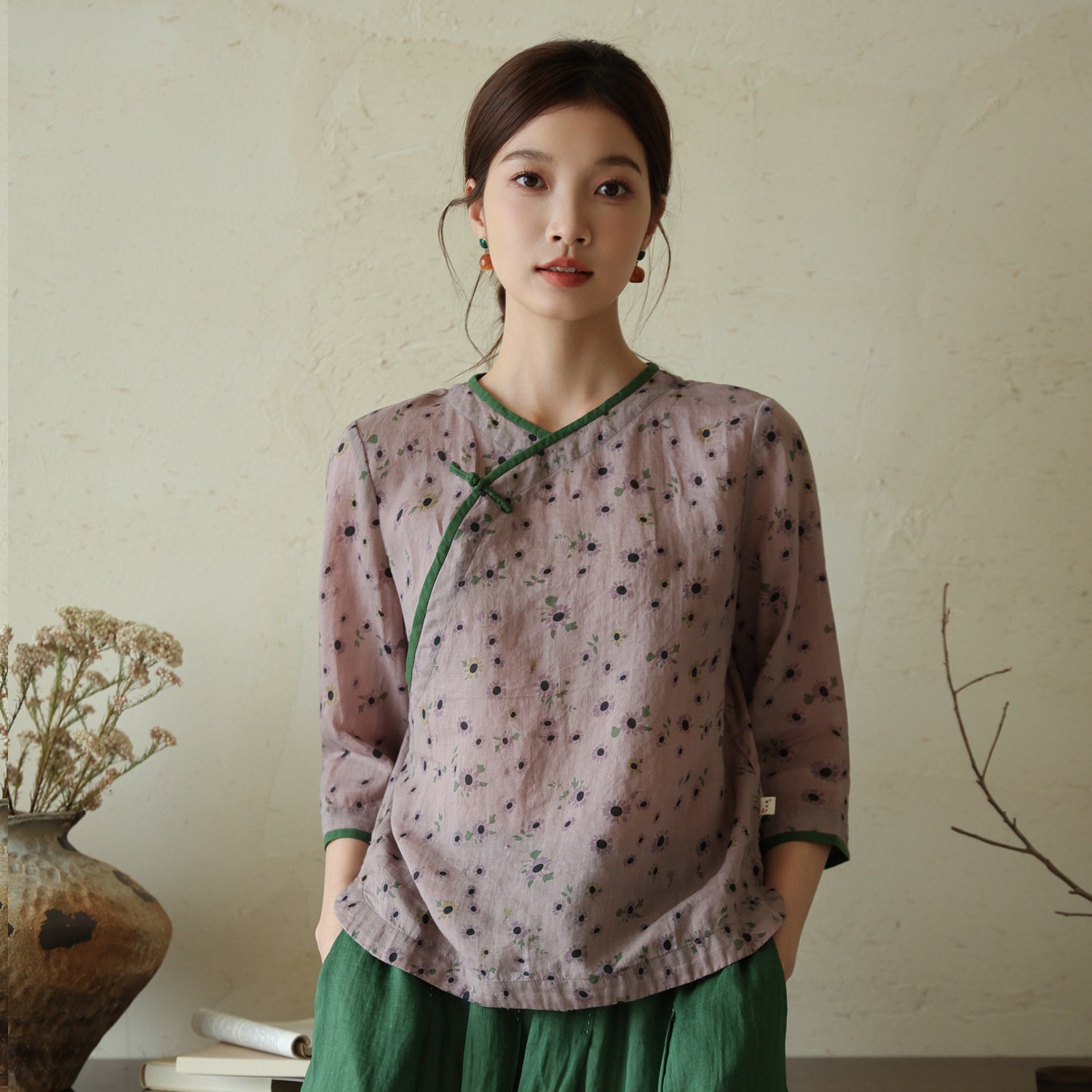 원본 이미지 여름 새로운 레트로 중식 국풍 라미 맨위 여성 루즈핏 얇은 스타일 면 린넨 셔츠 젠 차 서비스