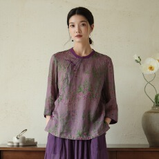 批发原图 文艺新中式盘扣印花<b class='q'>棉麻</b><b class='q'>衬衫</b>女宽松薄款国风斜襟上衣