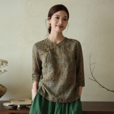 批发原图 夏季新款复古气质中式印花苎麻上衣女宽松薄款<b class='q'>棉麻</b>禅意茶服