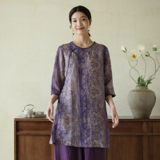 批发原图 新中式盘扣印花苎麻上衣女中长款宽松国风轻薄款<b class='q'>棉麻</b>长衫