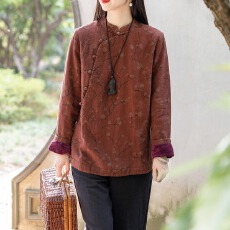 批发原图 <b class='q'>中国风</b>别致开襟加绒短款女上衣加厚高级感印花气质立领外套