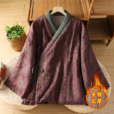 批发实拍 改良汉服<b class='q'>棉服</b>女冬新中式国风亚麻印花保暖<b class='q'>妈妈</b>装夹棉短外套