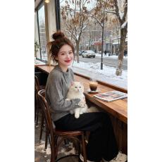 批发灰色翻领毛衣<b class='q'>女</b>春季韩系慵懒高级感加厚<b class='q'>蕾丝</b>内搭裤子套装两件套