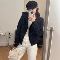 批发灰色翻领拉链毛衣外套女秋冬季2025新款小香慵懒风针织开衫厚上衣