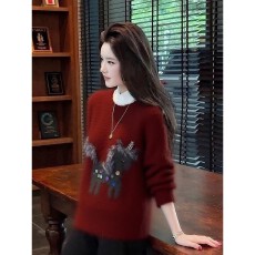 批发圣诞新年氛围感穿搭洋气减龄打底衫高级感红色小马亮片毛衣女秋冬