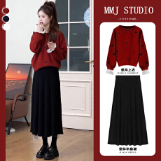 批发深秋冬穿搭一整套巨好看高级感减龄小香风设计感红色毛衣套装裙子
