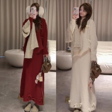 批发巨好看红色新年冬装韩系穿搭一整套小香风毛衣针织半身裙两件套装