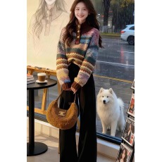 批发巨好看ootd穿搭一整套森系费尔岛提花高领针织毛衣牛仔裤两件套装