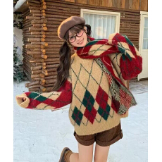 复古圣诞氛围感彩色菱格毛衣带围巾2025叠穿圆领套头针织衫