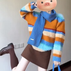 批发韩系多巴胺条纹毛衣半身裙女秋冬新款小个子针织衫上衣两件套装女