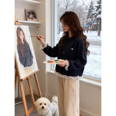 批发韩系下摆蕾丝加厚毛衣女外套2025秋冬慵懒风设计感长袖<b class='q'>针织衫</b>上衣