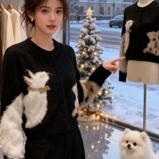 批发韩版设计感两只猫咪毛衣女款2025新款秋冬高级感<b class='q'>针织衫</b>开衫上衣