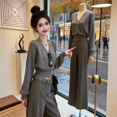 批发灰色V领收腰短款毛衣女秋冬高级感韩系慵懒显瘦<b class='q'>针织衫</b>内搭小上衣