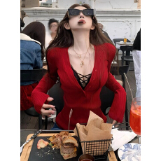 批发新年红色纯欲V领<b class='q'>针织衫</b>女秋冬2025新款内搭毛衣修身收腰长袖上衣
