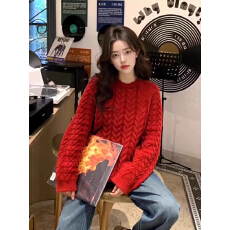 批发高级感红色麻花慵懒套头毛衣女冬季新款宽松打底<b class='q'>针织衫</b>厚