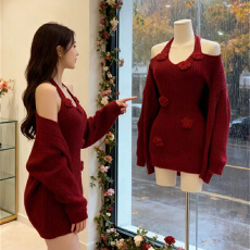 批发圣诞红色挂脖针织毛衣立体花朵<b class='q'>连衣裙</b>两件套女秋冬生日礼服套装裙