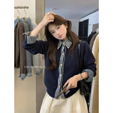 批发牛仔<b class='q'>衬衫</b>领拼接假两件毛衣女秋冬2025新款韩系chic高级感针织外套