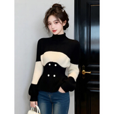 批发温柔小香风黑白撞色半高领荷叶边长袖毛衣<b class='q'>针织衫</b>女秋冬款修身上衣