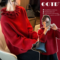 批发冬季木耳边设计感圆领针织衫高级感温柔风减龄<b class='q'>毛衣</b>宽松慵懒上衣女