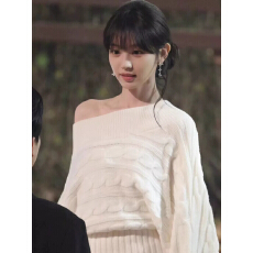 批发田曦薇同款白色斜肩绞花毛衣女秋冬宽松复古慵懒风长袖针织衫<b class='q'>套装</b>