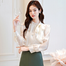 批发法式温柔风减龄立体花朵衬衫女26春秋新款蝴蝶结飘带长袖雪纺衬衣
