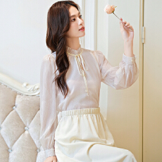 批发耳花边领系带垂感衬衫女2026春秋季新款长袖薄款微透感气质上衣