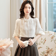 批发2026新款法式半高领木耳边衬衫上衣别致洋气长袖<b class='q'>雪纺衫</b>女装
