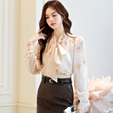 批发晕染印花系带蝴蝶结长袖衬衫女2026春秋法式烫金飘带衬衣气质上衣