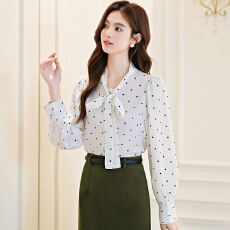 批发2026春秋季新款女装波点蝴蝶结飘带雪纺衫通勤气质<b class='q'>衬衫</b>女士上衣