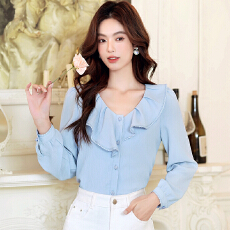 批发春秋新款女装冰雨肌理雪纺衬衫女蕾丝荷叶边宽松蓝色衬衣女士上衣